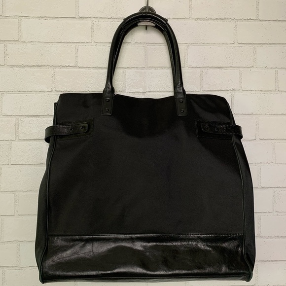 Club Monaco Black Leather Nylon Tote Travel Bag - Picture 3 of 8